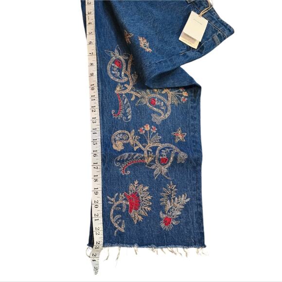 ZARA the New Culotte Embroidered Beaded Raw Hem Straight Leg‎ Jeans Sz Large New - Picture 4 of 16